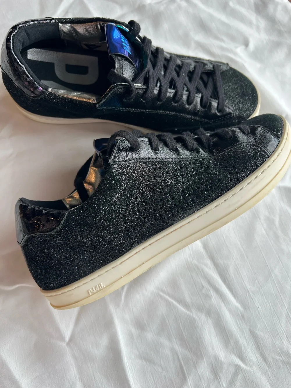 P448 Black Glitter Sneakers with Blue Iridescent Tongue size EU 36 or US 6